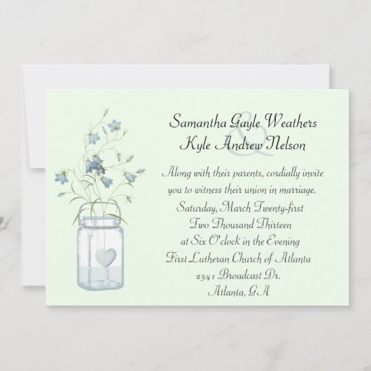 Charming Blue Bells & Mason Jar Wedding Invitation Kaart (Voorkant)