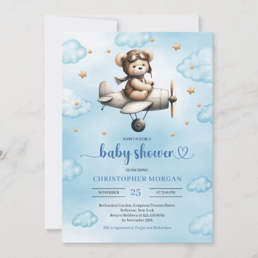 Charming Blue Brown Teddy Bear Pilot Baby Shower  Kaart (Voorkant)