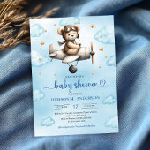 Charming Blue Brown Teddy Bear Pilot Baby Shower  Kaart