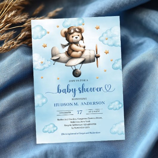 Charming Blue Brown Teddy Bear Pilot Baby Shower  Kaart
