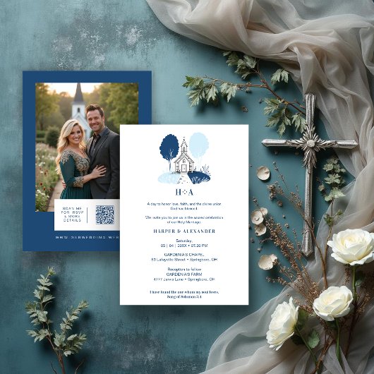 Charming Blue Church Christian Wedding Kaart