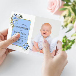 Charming Blue Flowers Foto Boy 1st Birthday Kaart