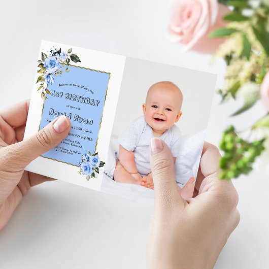 Charming Blue Flowers Foto Boy 1st Birthday Kaart