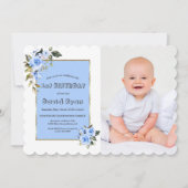 Charming Blue Flowers Foto Boy 1st Birthday Kaart (Voorkant)