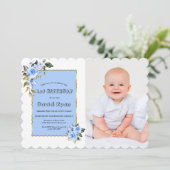 Charming Blue Flowers Foto Boy 1st Birthday Kaart (Staand voorkant)