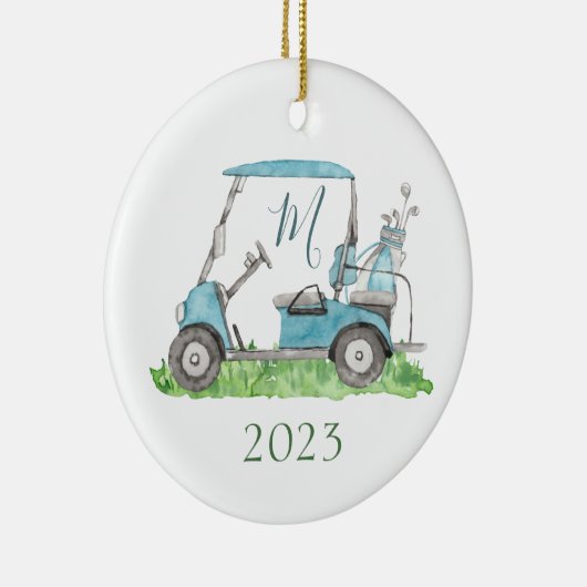Charming Blue Golf Cart Monogram Waterverf Keramisch Ornament (Rechts)