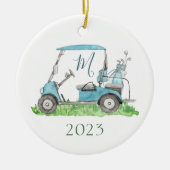 Charming Blue Golf Cart Monogram Waterverf Keramisch Ornament (Voorkant)