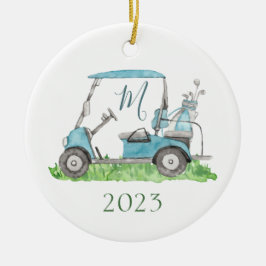 Charming Blue Golf Cart Monogram Waterverf Keramisch Ornament