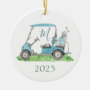 Charming Blue Golf Cart Monogram Waterverf Keramisch Ornament