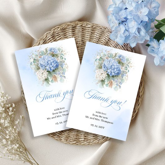Charming Blue Hydrangeas Eucalyptus Wedding thanks Bedankkaart