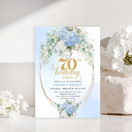 Charming Blue Hydrangeas Gold 70th Birthday Invite Kaart