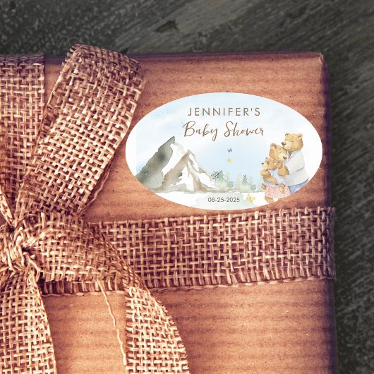 Charming Blue Mountain Watercolor Bear Family Baby Ovale Sticker