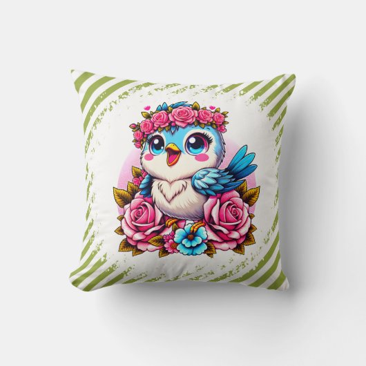 Charming Blue Owl with Roses Kussen (Voorkant)
