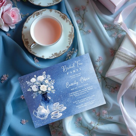 Charming Blue Tones Glitter Wedding Bridal Tea Set Kaart