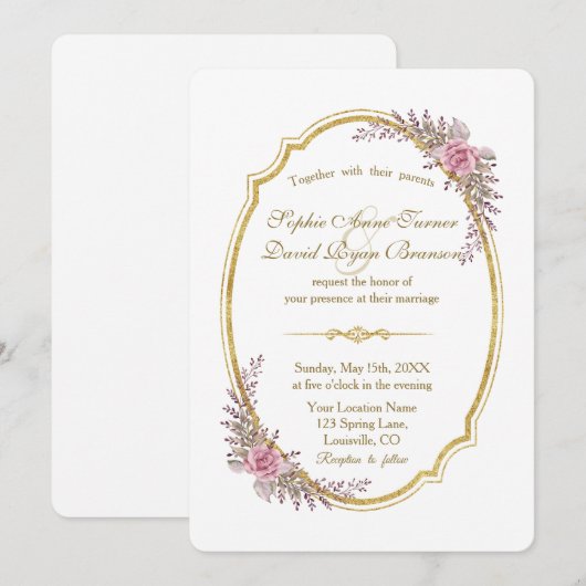 Charming Blush Floral Gold Lijst Wedding Invite Kaart (Voorkant / Achterkant)