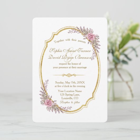 Charming Blush Floral Gold Lijst Wedding Invite Kaart (Staand voorkant)