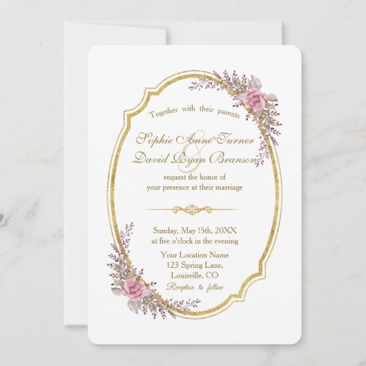 Charming Blush Floral Gold Lijst Wedding Invite Kaart (Voorkant)