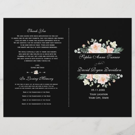Charming Blush White Floral Black Wedding Programm (Voorkant)