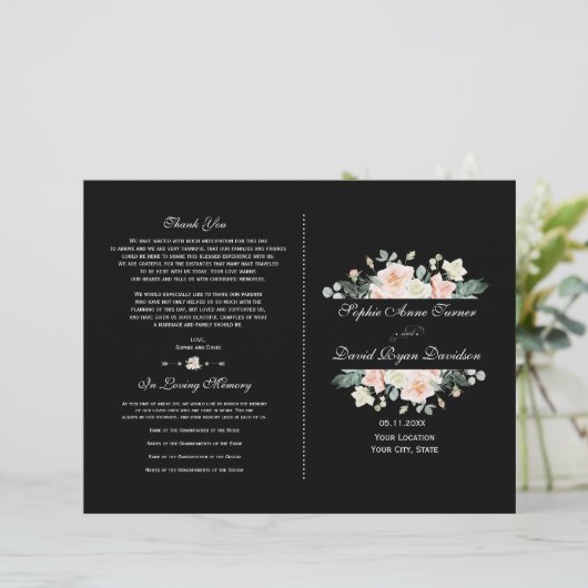 Charming Blush White Floral Black Wedding Programm (Staand voorkant)