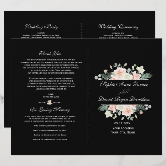 Charming Blush White Floral Black Wedding Programm (Voorkant / Achterkant)