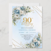 Charming Boho Blue Floral Eucalyptus 90th Birthday Kaart (Voorkant)
