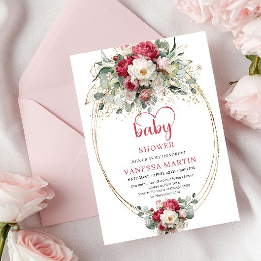 Charming Boho Ruby Red Blush Gold Baby Shower Kaart