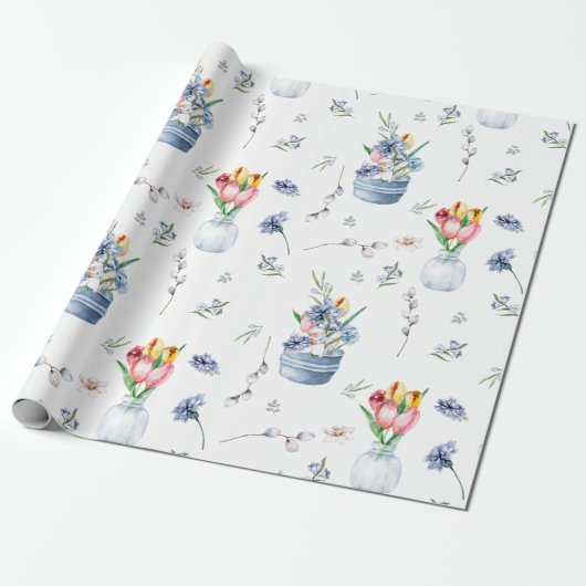Charming Boho Waterverf Spring Flowers Patroon Cadeaupapier (Uitgerold)