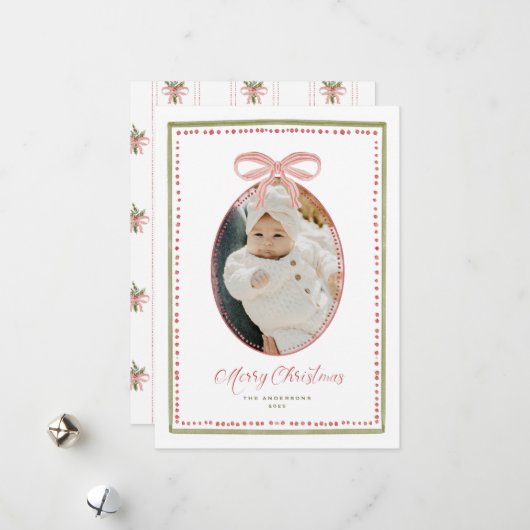 Charming Bow Hand Painted Christmas Photo Card Feestdagenkaart (Voorkant / Achterkant in situ)