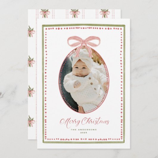 Charming Bow Hand Painted Christmas Photo Card Feestdagenkaart (Voorkant / Achterkant)