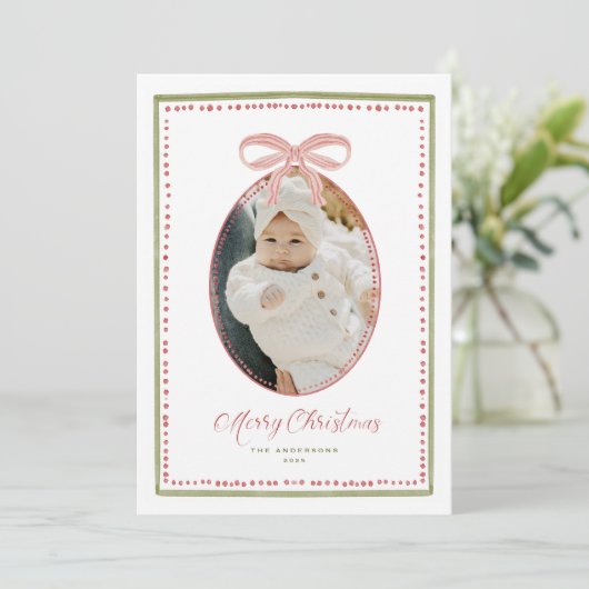 Charming Bow Hand Painted Christmas Photo Card Feestdagenkaart (Staand voorkant)