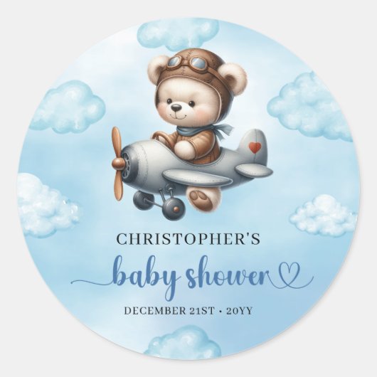 Charming Boy Baby Shower Sticker Teddy Bear Pilot  (Voorkant)