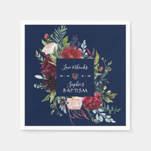 Charming Burgundy Blue Floral Wreath Girl Baptisme Servet