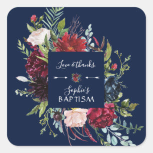 Charming Burgundy Blue Floral Wreath Girl Baptisme Vierkante Sticker