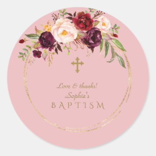 Charming Burgundy Blush Flowers Baptisme Ronde Sticker