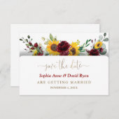 Charming Burgundy Floral Sunflower Wedding Save The Date (Voorkant / Achterkant)