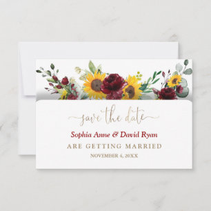 Charming Burgundy Floral Sunflower Wedding Save The Date