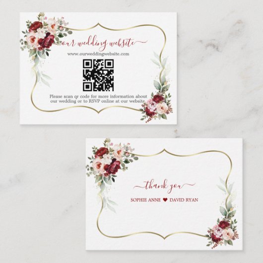 Charming Burgundy Flowers QR Code Wedding  Informatiekaartje (Voorkant / Achterkant)