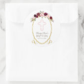 Charming Burgundy Marsala Floral Baptism Monogram Ronde Sticker (Tas)