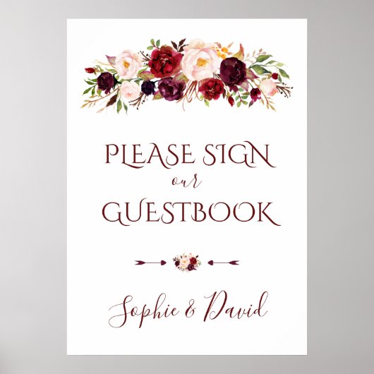Charming Burgundy Marsala Floral Guestbook Poster (Voorkant)