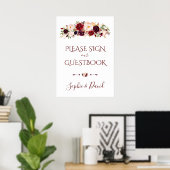 Charming Burgundy Marsala Floral Guestbook Poster (Thuiskantoor)