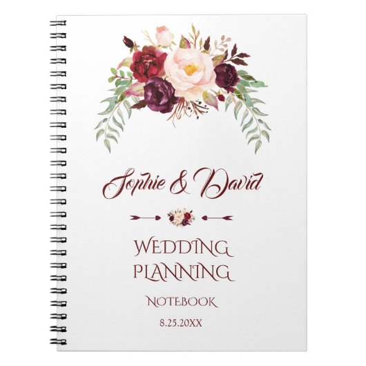 Charming Burgundy Marsala Floral Wedding Planner Notitieboek (Voorkant)