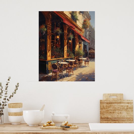 Charming Cafe Bistro op een zonnige dag in Parijs Poster (Keuken)