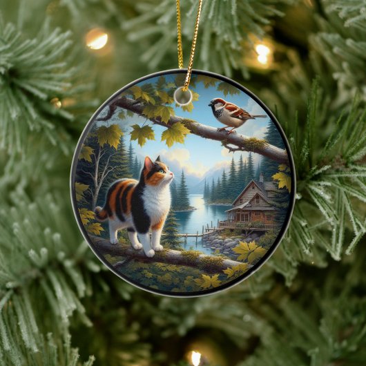 Charming Calico Cat Rustic Scene  Keramisch Ornament