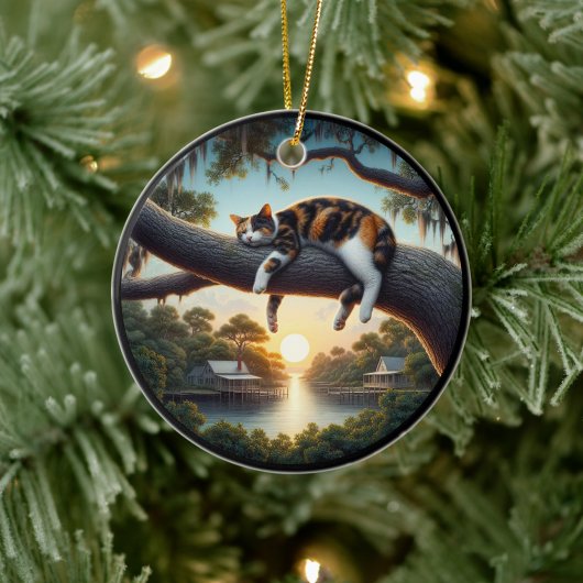 Charming Calico Cat Rustic Scene  Keramisch Ornament