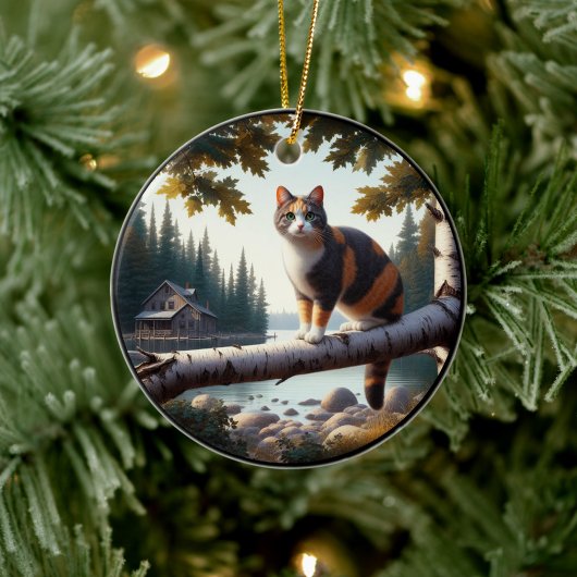 Charming Calico Cat Rustic Scene  Keramisch Ornament