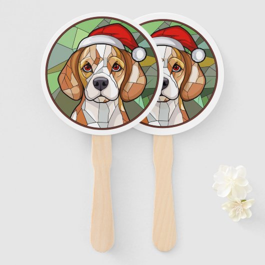 Charming Canine Cheer: Beagle thema Kerstmis Handwaaier (Voorkant en achterkant)