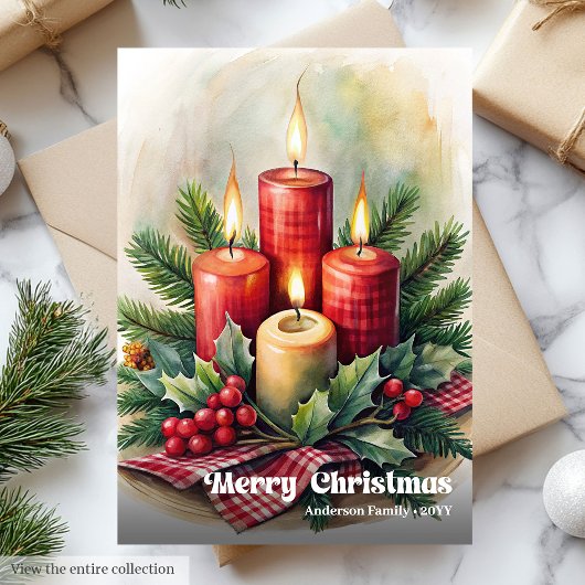 Charming Christmas candles rustic holly greeting Feestdagenkaart