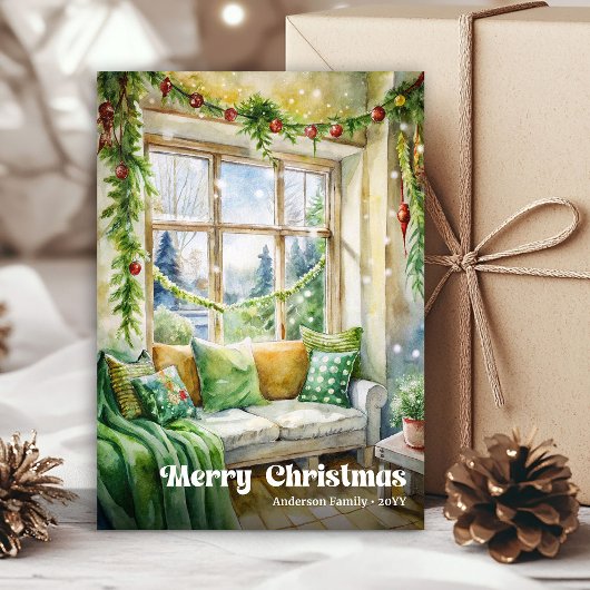 Charming Christmas scene card classic red green   Feestdagenkaart