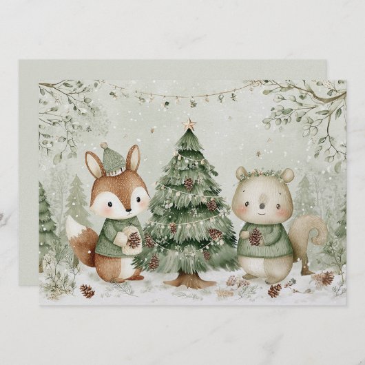 Charming Christmas tree with animals Christmas Feestdagenkaart (Voorkant / Achterkant)