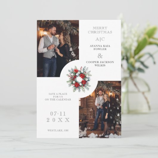 Charming Christmas Wedding Floral Wreath 2 Photos Save The Date (Staand voorkant)